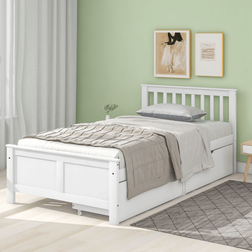 Cama de solteiro de madeira de pinho 90x200cm com 2 gavetas,branco