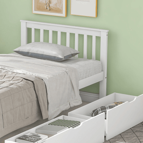 Cama de solteiro de madeira de pinho 90x200cm com 2 gavetas,branco