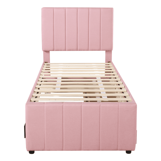 Cama estofada em linho 90x200 cm - com cama com rodízios e 3 gavetas - Rosa