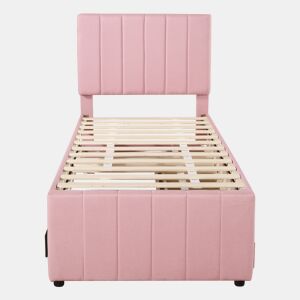 Cama estofada em linho 90x200 cm - com cama com rodízios e 3 gavetas - Rosa