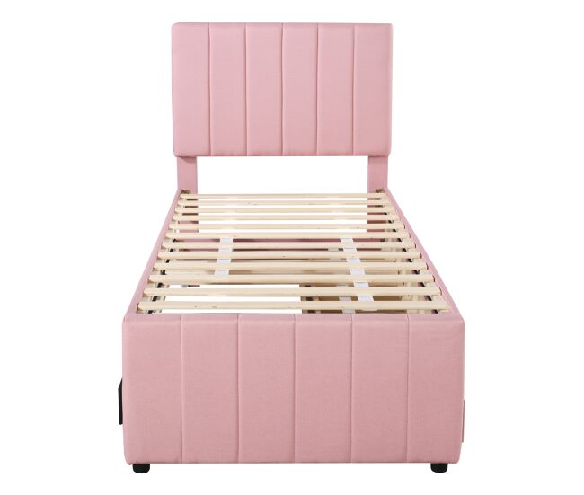 Cama tapizada de lino 90x200 cm - con cama nido con ruedas y 3 cajones - rosa