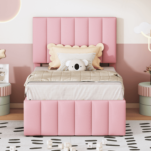 Cama estofada em linho 90x200 cm - com cama com rodízios e 3 gavetas - Rosa