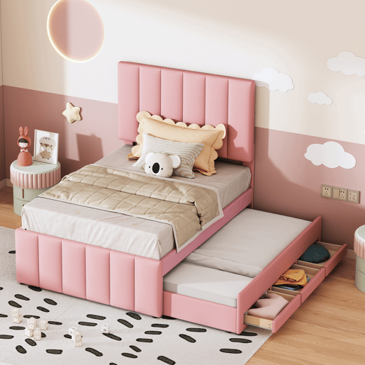 Cama estofada em linho 90x200 cm - com cama com rodízios e 3 gavetas - Rosa