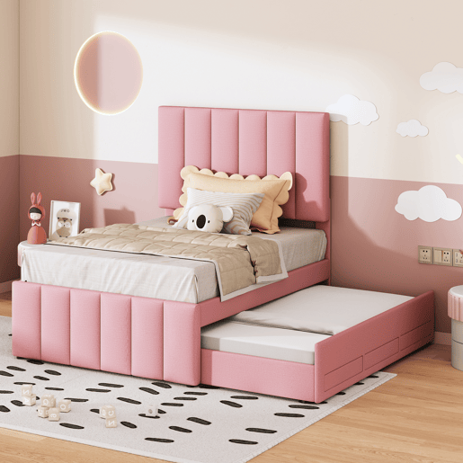 Cama estofada em linho 90x200 cm - com cama com rodízios e 3 gavetas - Rosa