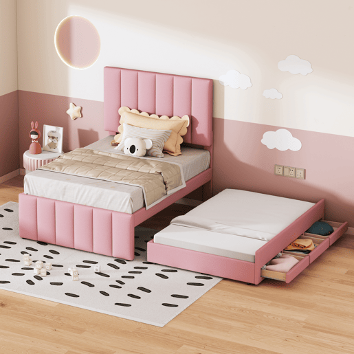 Cama estofada em linho 90x200 cm - com cama com rodízios e 3 gavetas - Rosa
