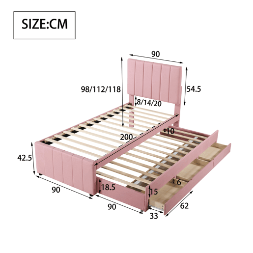 Cama estofada em linho 90x200 cm - com cama com rodízios e 3 gavetas - Rosa