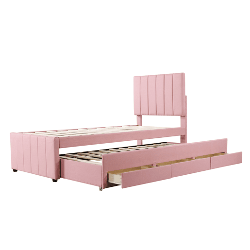 Cama estofada em linho 90x200 cm - com cama com rodízios e 3 gavetas - Rosa