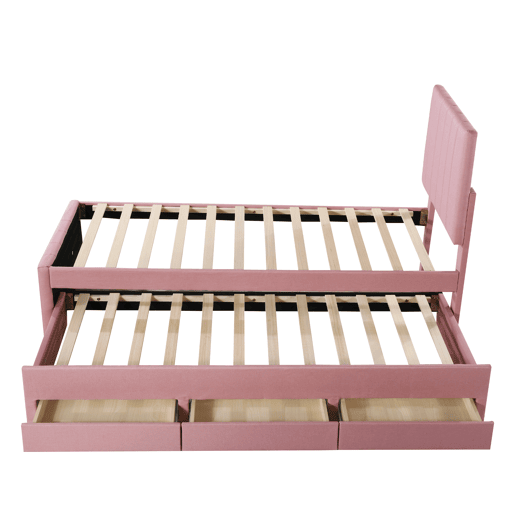 Cama estofada em linho 90x200 cm - com cama com rodízios e 3 gavetas - Rosa