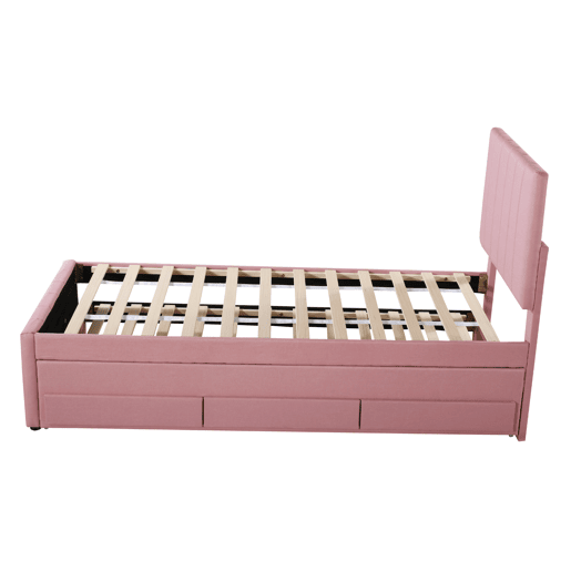 Cama estofada em linho 90x200 cm - com cama com rodízios e 3 gavetas - Rosa
