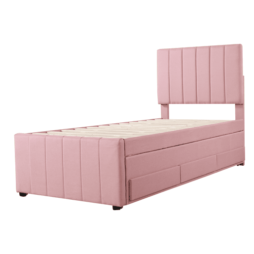 Cama estofada em linho 90x200 cm - com cama com rodízios e 3 gavetas - Rosa