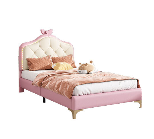 Cama infantil de pu 90x200cm con luz led,rosa+blanco