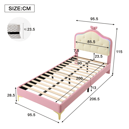 Cama de criança de pu 90x200cm com luz led,rosa+branco