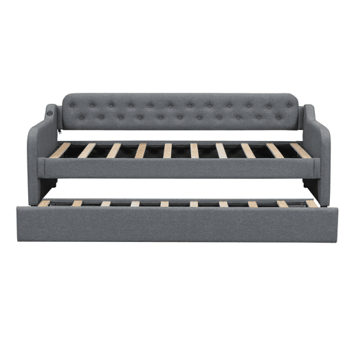 Cama com gavetão 90x200cm - com porta USB - Tecido de linho - Cinzento