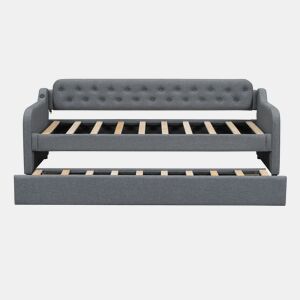 Cama com gavetão 90x200cm - com porta USB - Tecido de linho - Cinzento