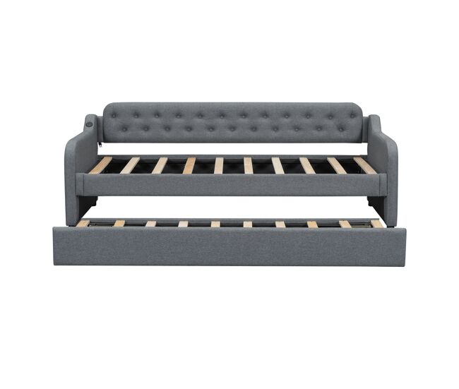 Cama nido 90x200cm - con puerto usb - tela lino - gris