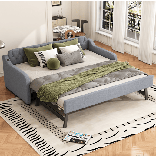 Cama com gavetão 90x200cm - com porta USB - Tecido de linho - Cinzento