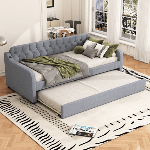 Cama com gavetão 90x200cm - com porta USB - Tecido de linho - Cinzento