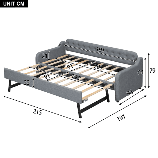 Cama com gavetão 90x200cm - com porta USB - Tecido de linho - Cinzento