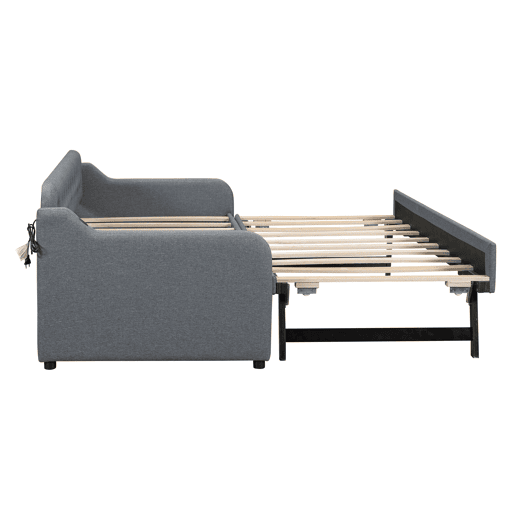Cama com gavetão 90x200cm - com porta USB - Tecido de linho - Cinzento
