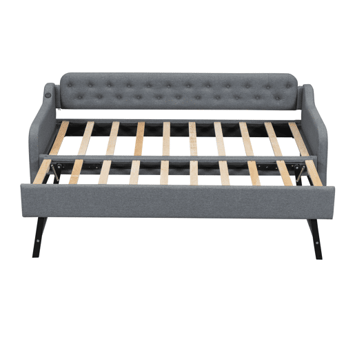 Cama com gavetão 90x200cm - com porta USB - Tecido de linho - Cinzento