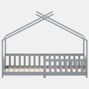 Cama de criança,cama-casa de madeira maciça 90x200cm,cinzento