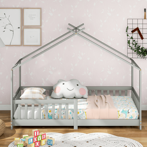 Cama de criança,cama-casa de madeira maciça 90x200cm,cinzento