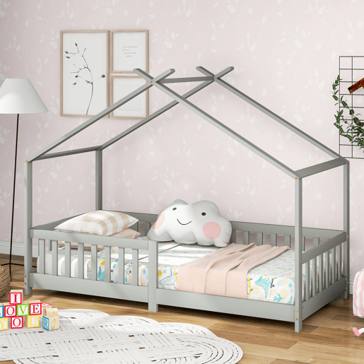 Cama de criança,cama-casa de madeira maciça 90x200cm,cinzento