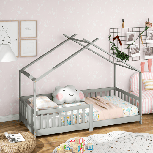 Cama de criança,cama-casa de madeira maciça 90x200cm,cinzento