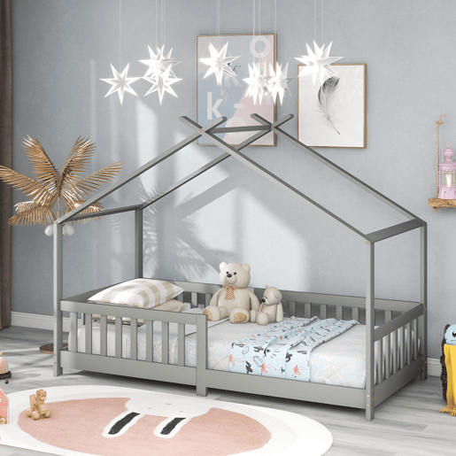 Cama de criança,cama-casa de madeira maciça 90x200cm,cinzento