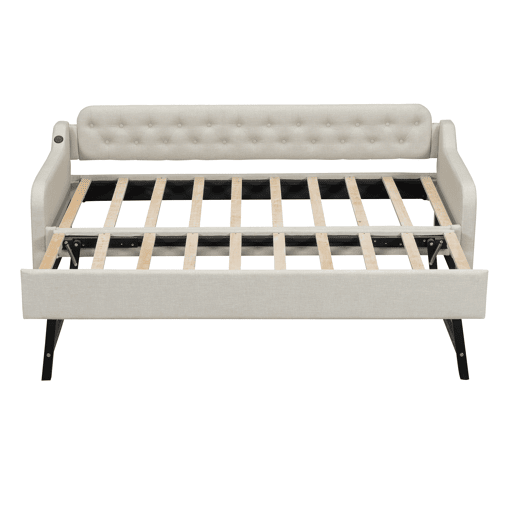 Cama com gavetão 90x200cm - com porta USB - Tecido de linho - Bege