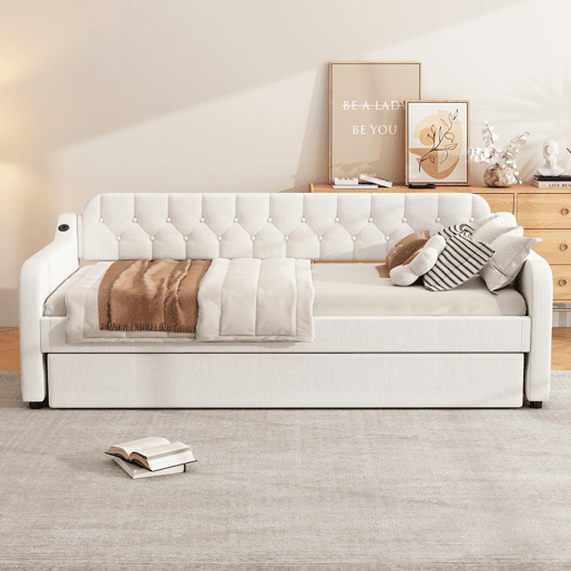 Cama com gavetão 90x200cm - com porta USB - Tecido de linho - Bege