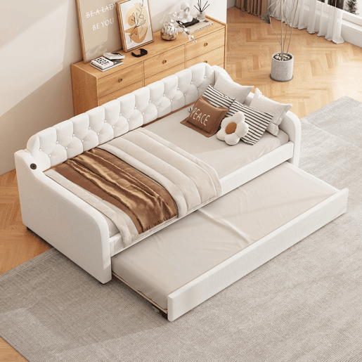 Cama com gavetão 90x200cm - com porta USB - Tecido de linho - Bege