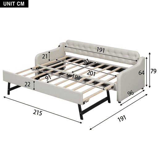 Cama com gavetão 90x200cm - com porta USB - Tecido de linho - Bege