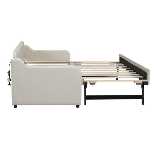 Cama com gavetão 90x200cm - com porta USB - Tecido de linho - Bege