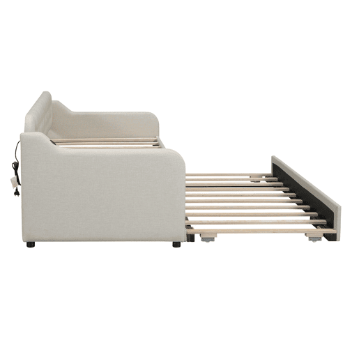 Cama com gavetão 90x200cm - com porta USB - Tecido de linho - Bege