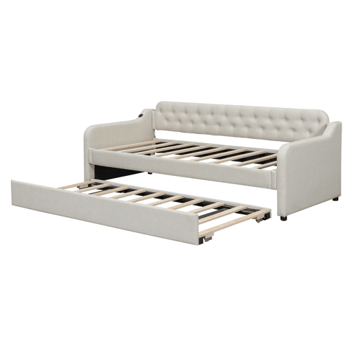 Cama com gavetão 90x200cm - com porta USB - Tecido de linho - Bege