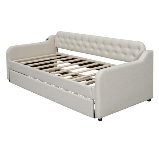 Cama com gavetão 90x200cm - com porta USB - Tecido de linho - Bege