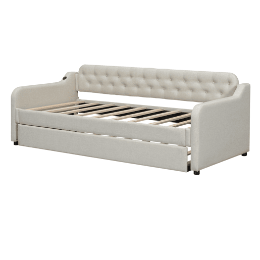 Cama com gavetão 90x200cm - com porta USB - Tecido de linho - Bege