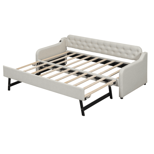 Cama com gavetão 90x200cm - com porta USB - Tecido de linho - Bege