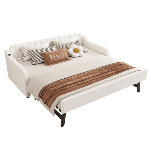 Cama com gavetão 90x200cm - com porta USB - Tecido de linho - Bege