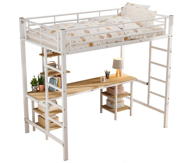 Cama infantil,cama alta de metal y mdf 90x200cm con mesa,estante,escalera y protección contra caídas,blanco