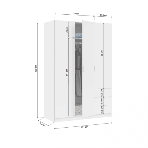 Roupeiro Hexa 3 portas 3 gavetas Branco 121 x 180 x 52 cm