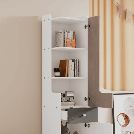 Estante com gavetas e expositor - em MDF - Branco e cinzento claro Estante com gavetas e expositor - em MDF - Branco e cinzento claro