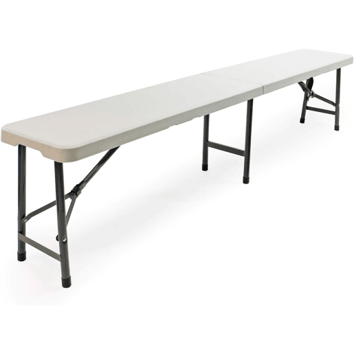 Banco Dobrável de Resina 180x29x43 cm Estrutura de Aço Bases de Resina Alças de Transporte Trava de Segurança