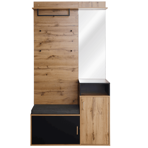 Roupeiro para hall de entrada com espelho e sapateira - Altura 190 cm - natural e preto