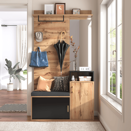 Roupeiro para hall de entrada com espelho e sapateira - Altura 190 cm - natural e preto