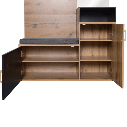 Roupeiro para hall de entrada com espelho e sapateira - Altura 190 cm - natural e preto