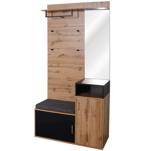 Roupeiro para hall de entrada com espelho e sapateira - Altura 190 cm - natural e preto