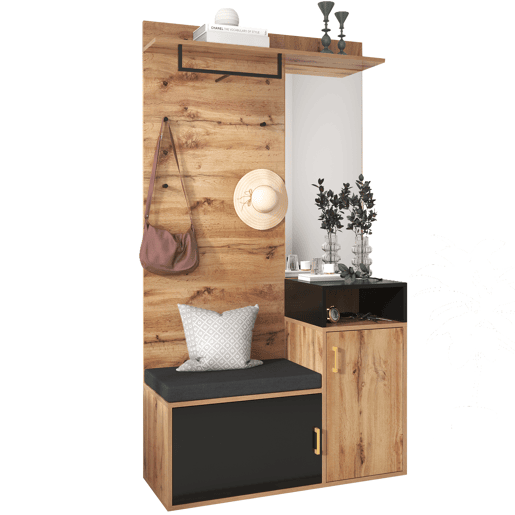 Roupeiro para hall de entrada com espelho e sapateira - Altura 190 cm - natural e preto