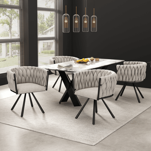 Conjunto de 4 cadeiras giratórias em linho com braços - pernas em metal preto - Bege